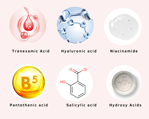 Acids in Skincare: What Are the Different Uses and Precautions, Hyaluronic Acid, Tranexamic Acid, Pantothenic acid, Niacinamide, Salicylic Acid, and Alpha Hydroxy Acids (AHAs)